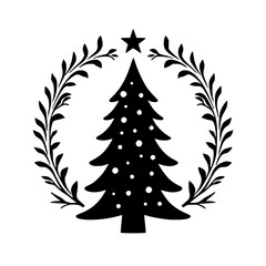 Minimalist Christmas Tree Silhouette with Laurel Wreath and Star - Black & White