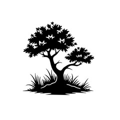 Silhouette Bonsai Tree with Grass, Elegant Black and White Design