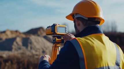 A surveyor measuring land with a GPS device. Featuring accuracy and focus