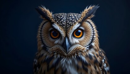 Obraz premium Intense Gaze: Detailed Owl Portrait with Amber Eyes on Dark Backdrop