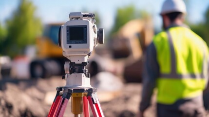 A surveyor using a total station to measure land at a construction site. Featuring accuracy and skill