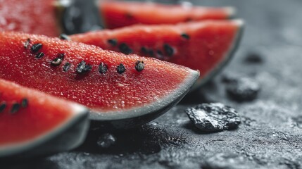 Watermelon slices, showcasing bright red flesh and black seeds - image design ingredient green