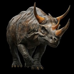 Fototapeta premium Massive rhinoceros-like creature, featuring three large horns, brown and gray coloration, and standing tall against a dark backdrop.