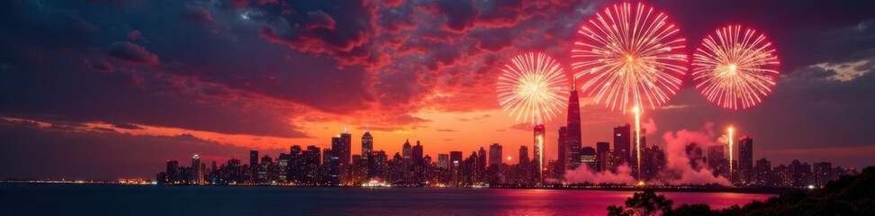 Fototapeta premium New Year's Eve fireworks exploding over a city skyline at sunset, fireworks explosion, night sky