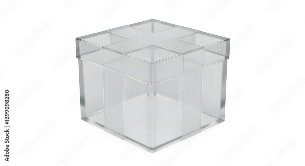 Poster a minimalist transparent cube box with lid displayed on a white background