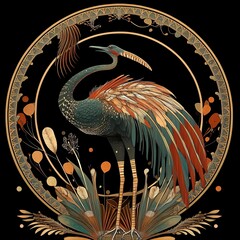 Elegant avian art nouveau design. A stylized bird with a decorative circle set against a rich, dark backdrop. Decorative gold accents.