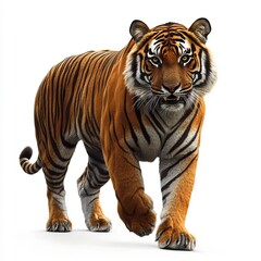 Obraz premium A majestic striped feline with orange fur and captivating yellow eyes, confidently strides forward against a pristine white backdrop.