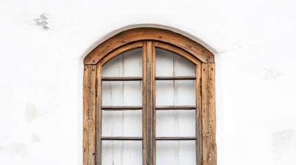 Obraz premium A wooden window with an arched top set against a white wall.