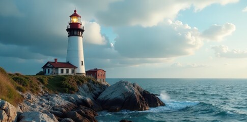 Obraz premium Old-fashioned lighthouse standing alone on rocky coast, weather, lighthouse