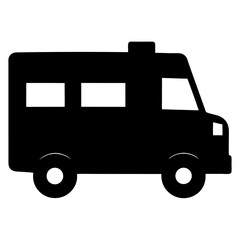 A simple black and white silhouette graphic of a camper van