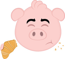 vector illustration emoji character face pig cartoon, eating bakery food croissant