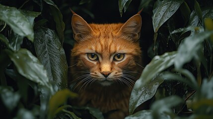 A Majestic Ginger Cat Hidden in Lush Greenery
