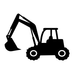 A black silhouette image of an excavator with bucket extended on white