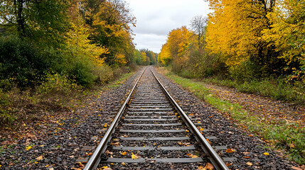 Obraz premium Autumnal Railroad Tracks Through a Forest