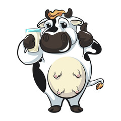 vector mascot isolated clip art illustration of cute cow holding a glass of milk while giving a thumbs up, work of handmade