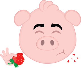 vector illustration emoji character face pig cartoon, eating strawberry fruit
