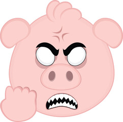 vector illustration emoji character face pig cartoon, with white eyes of angry expression concept, sharp teeth and hand revenge gesture