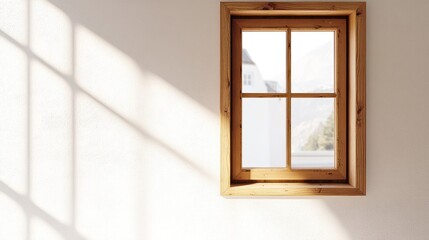 Obraz premium A wooden-framed window casting shadows on a wall, revealing a serene outdoor view.