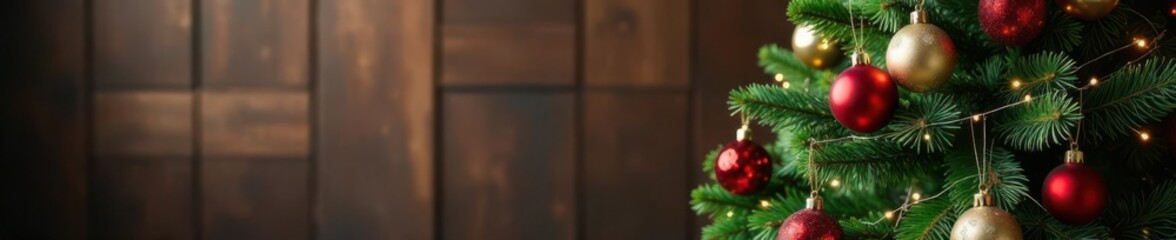 Ornate Christmas tree decorated with glass balls and tinsel against a wooden wall,  christmas decorations,  seasonal ambiance,  glass ornaments