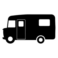 A stylized silhouette of a classic recreational vehicle perfect for camping