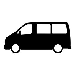 Side view of a simple black minivan silhouette on a white background