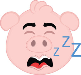 vector illustration emoji character face pig cartoon, snoring with mouth open and text zzz