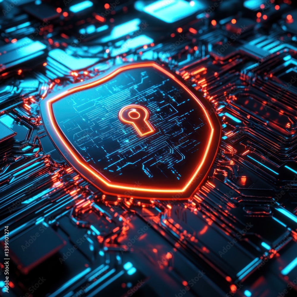 Poster digital shield protecting sensitive data on a circuit board.