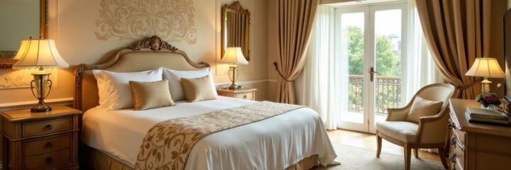 Luxurious wedding suite with leaf-patterned bedding and elegant furniture, interior, luxury