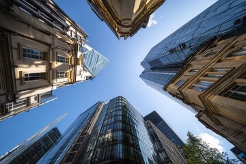Fototapeta premium Modern skyscrapers converge towards bright blue sky.