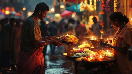People offering food offerings and candles during a festive celebration