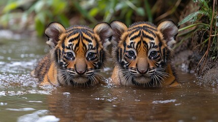 Naklejka premium Adorable Sumatran Tiger Cubs Playing in Water