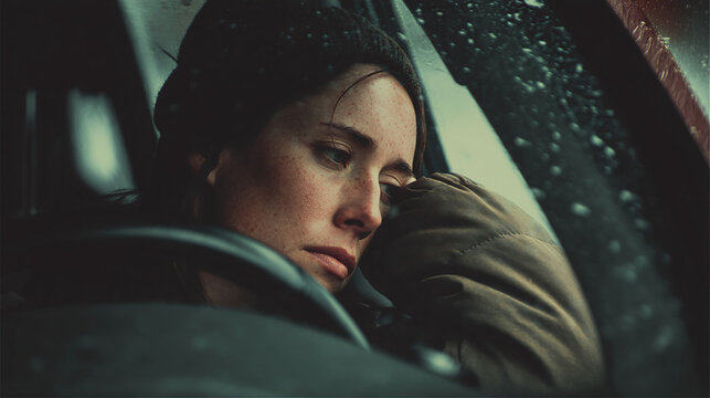 Woman resting forehead on steering wheel silently emoting
