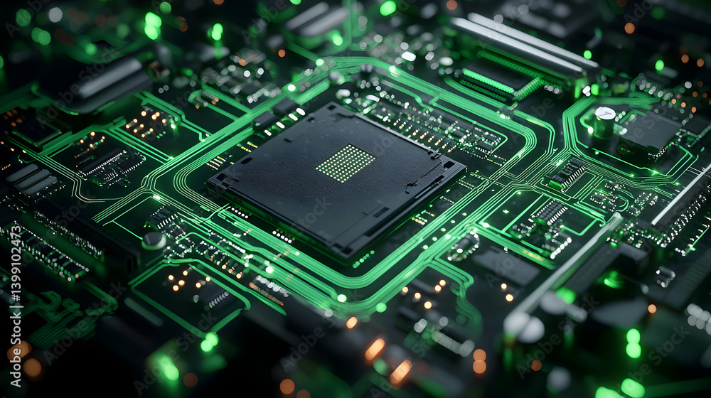Poster Close Up View Of High Tech Computer Chip On Circuit Board