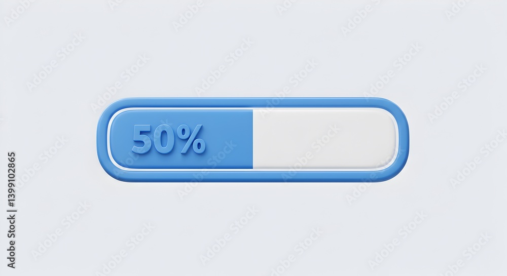 Poster progress bar displaying fifty percent completion with clean aesthetic, 3d render