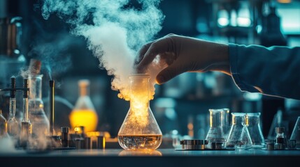 A scientist conducts an experiment with a flask, producing steam and chemical reactions.