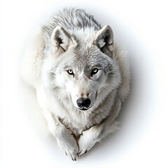 Obraz premium A majestic white wolf with piercing eyes rests, its fur a mix of pure white and subtle gray, radiating serenity and untamed beauty.