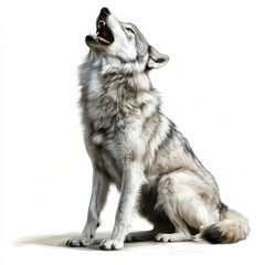 Fototapeta premium A majestic wolf sits poised, its head tilted back in a haunting howl against the pristine, white backdrop, resonating with raw emotion and primal spirit.
