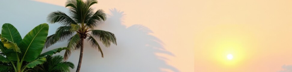 Fototapeta premium Palm tree silhouetted against white wall at sunset with vibrant green foliage, palm tree, shadow effect