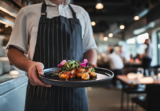 Chef holding a gourmet dish in a modern restaurant setting.