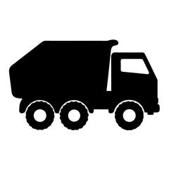 Black silhouette of a large construction dump truck on a white background