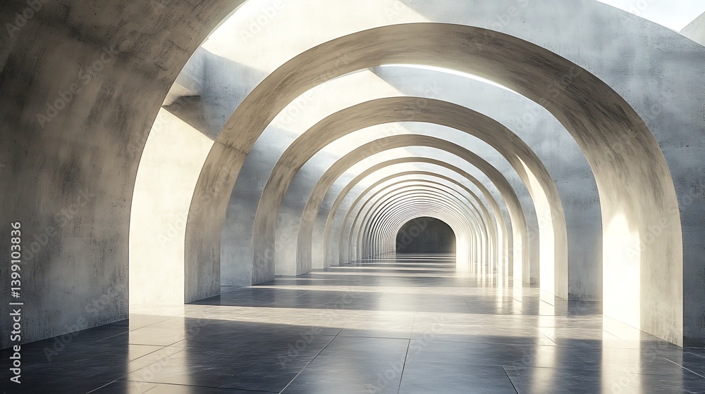 Poster architectural interior featuring a series of arched concrete structures illuminated by natural light