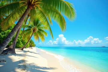 Obraz premium Palm trees sway gently in the ocean breeze with turquoise water and warm sandy shore , trees, grey