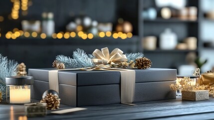 Gift box display with decorative elements cozy home setting festive content warm environment close-up view celebration concept