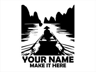 Silhouette of a lone figure wearing a traditional conical hat rowing a small boat on a tranquil river surrounded by dark, mountainous karst landforms nature concept and illustration logo vector design