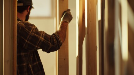 A construction site carpenter assembling a wooden door frame. Featuring precision and care