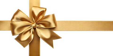 Large gold bow on the left side of a straight ribbon, isolated on a transparent background - ideal for banners or frames Easter, Christmas, birthdays, gifts, Valentine's Day