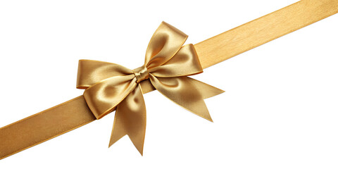 Large gold bow on the left side of a straight ribbon, isolated on a transparent background - ideal for banners or frames Easter, Christmas, birthdays, gifts, Valentine's Day