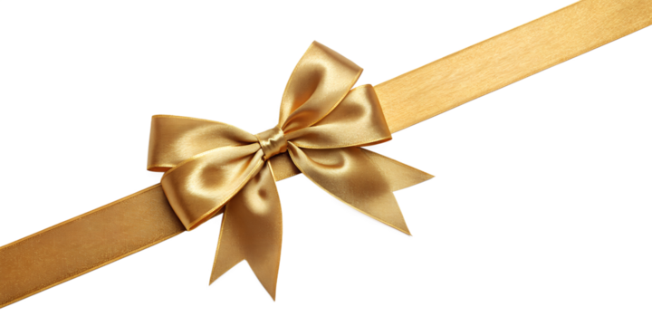 Large gold bow on the left side of a straight ribbon, isolated on a transparent background - ideal for banners or frames Easter, Christmas, birthdays, gifts, Valentine's Day