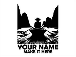 Silhouette of a lone figure wearing a traditional conical hat rowing a small boat on a tranquil river surrounded by dark, mountainous karst landforms nature concept and illustration logo vector design