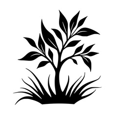Black & White Silhouette Tree and Grass Illustration